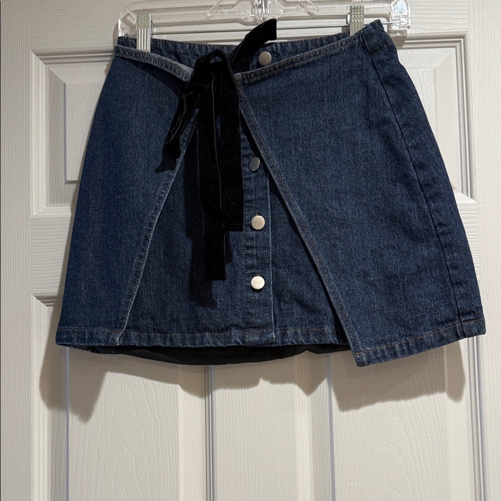 Denim Wrap Skirt with Black Tie